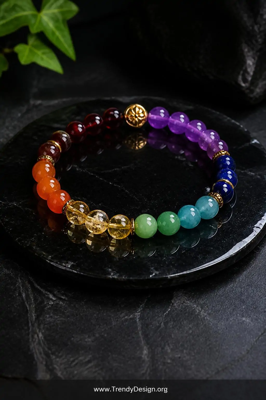 A photorealistic closeup shot of a vibrant chakra crystal bead bracelet coiled on a dark polished obsidian tray, the seven st