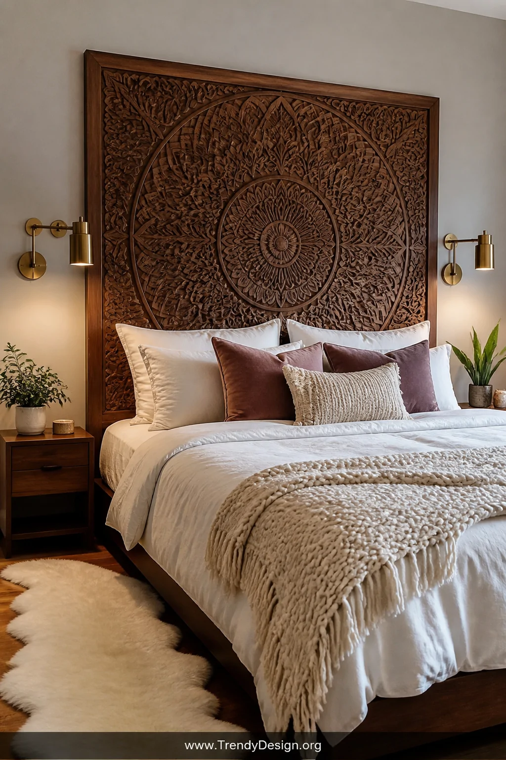 Wide bedroom shot featuring a grand CNC-engraved walnut wooden headboard with an elaborate mandala pattern as the dramatic fo