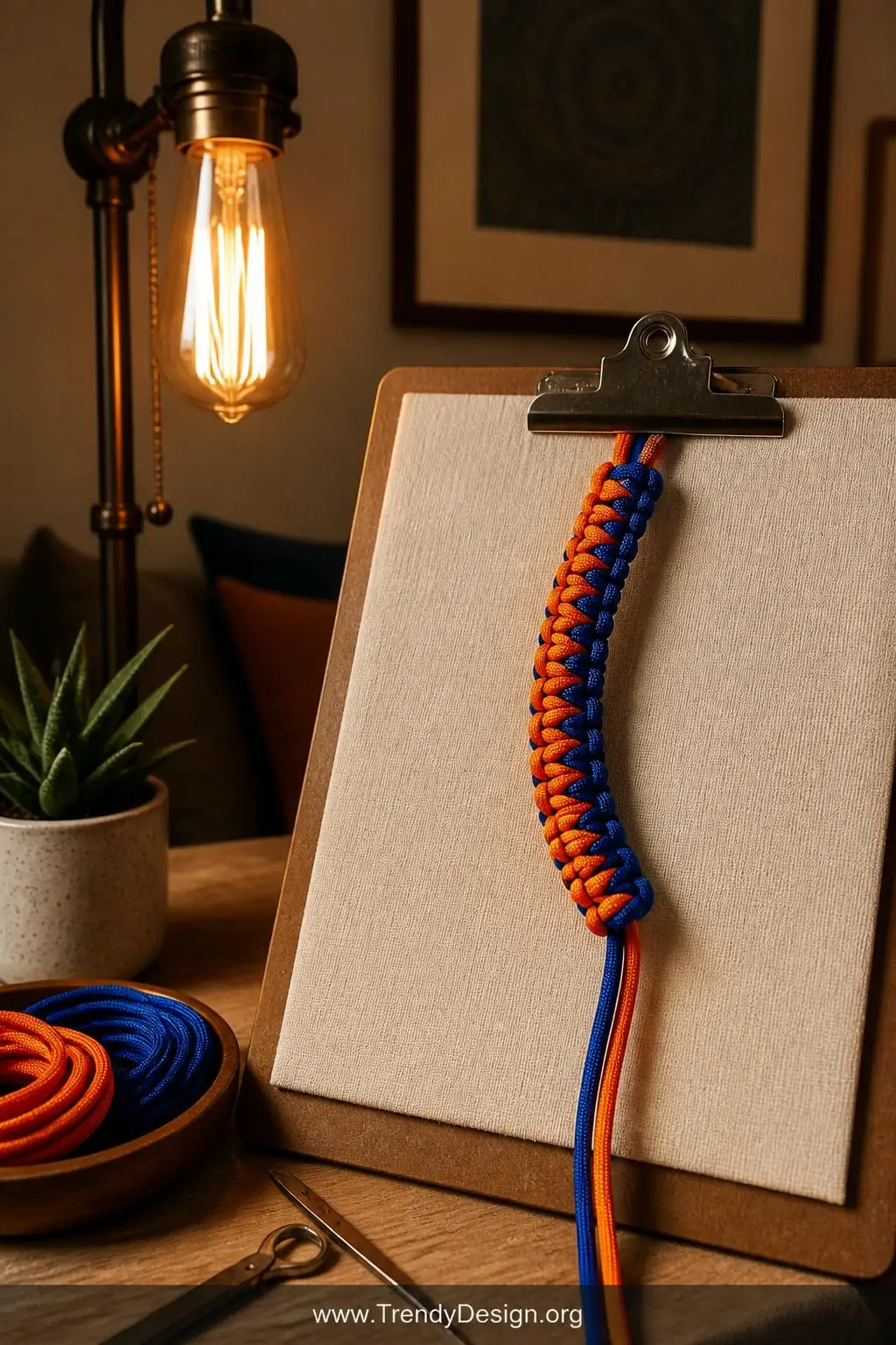 Medium shot of a cozy crafting corner featuring a partially completed spiral twist bracelet in cobalt blue and bright orange 