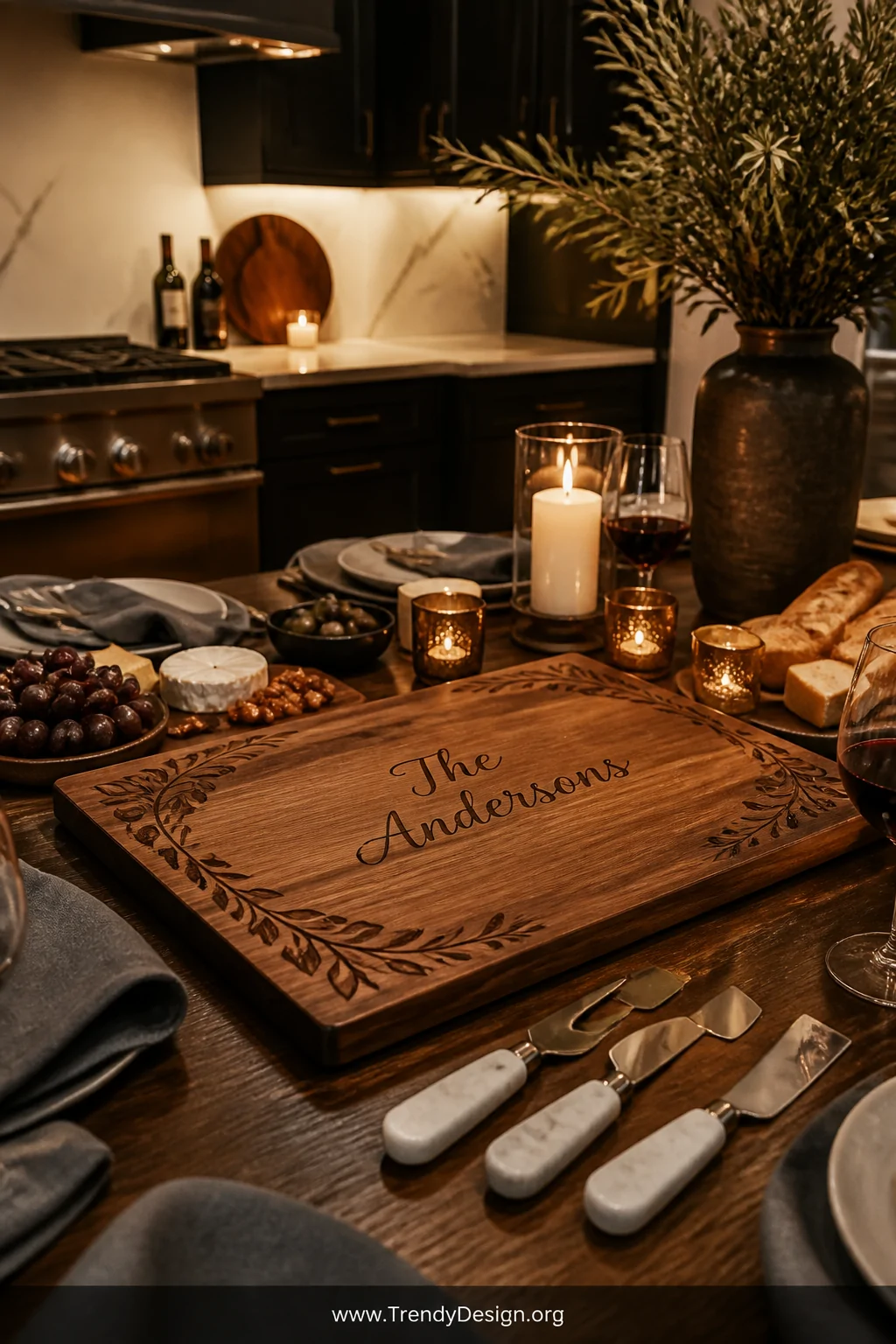 A warm kitchen dinner party tablescape featuring a large walnut serving board as centerpiece with a burned olive branch borde