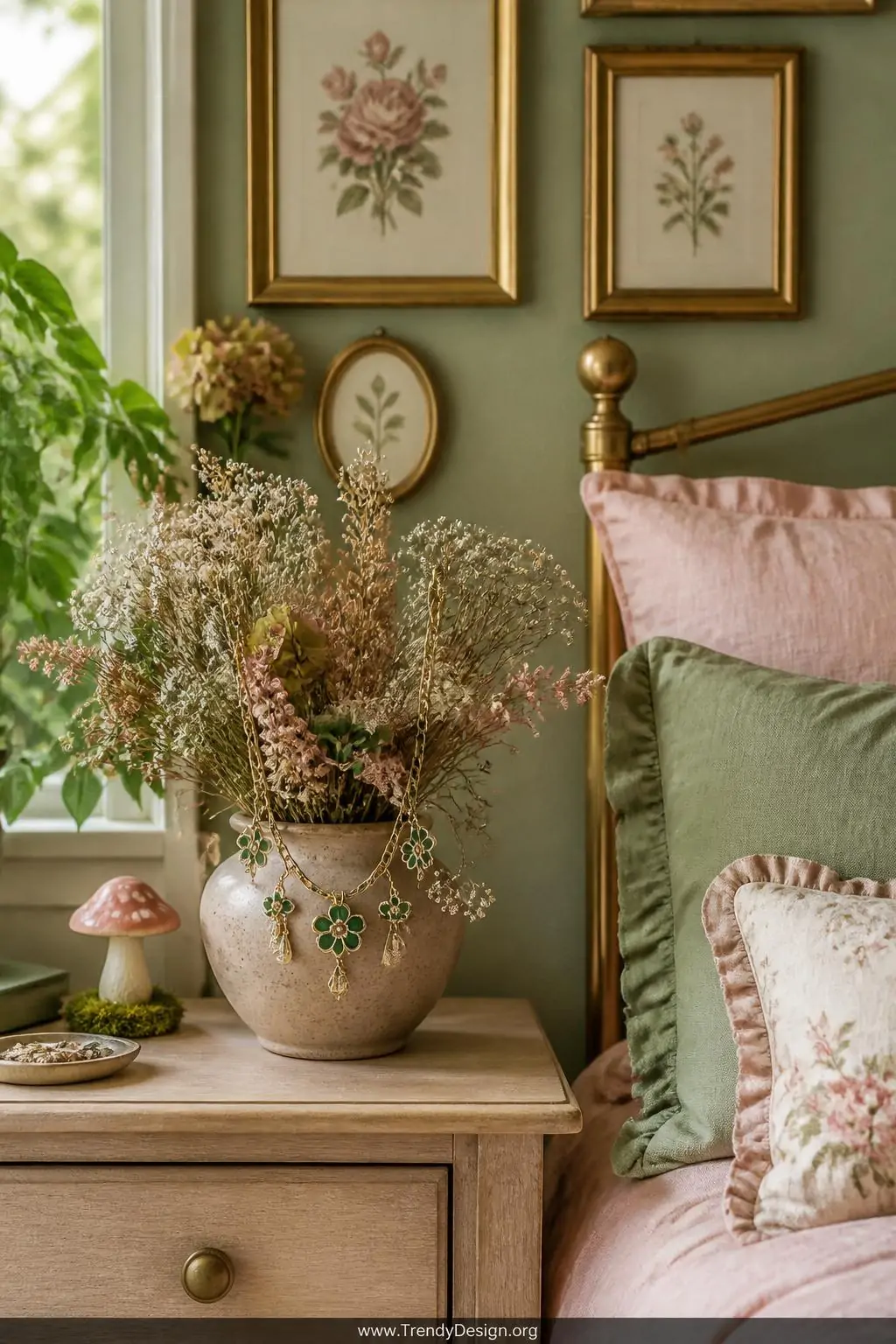 A medium-shot photorealistic interior design scene of a romantic botanical-styled bedroom corner where a green enamel and gol