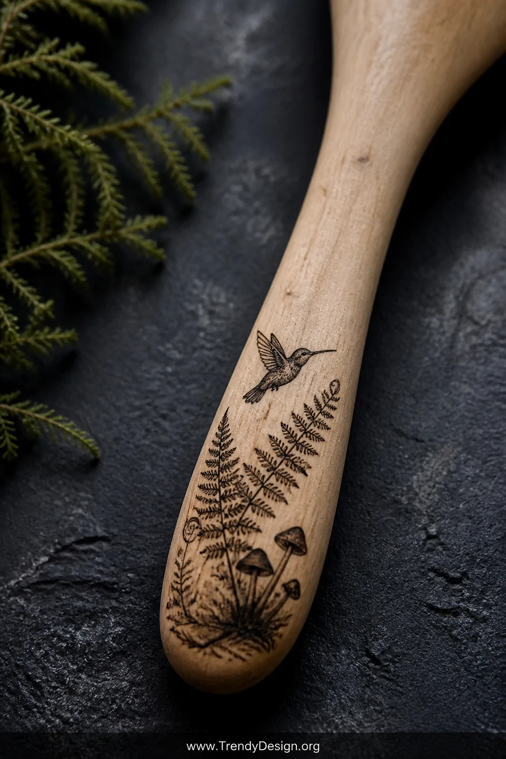 A close-up of a wooden spoon handle resting on a dark slate surface, featuring a delicate burned black silhouette of a hummin