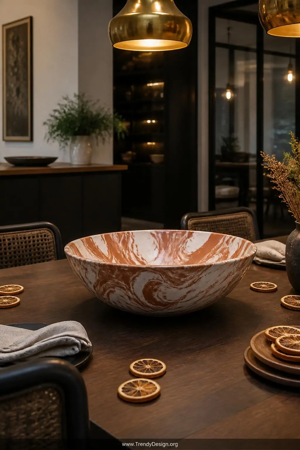 A medium shot of a swirled marbled clay serving bowl placed at the center of a styled dark walnut dining table, the bowl disp