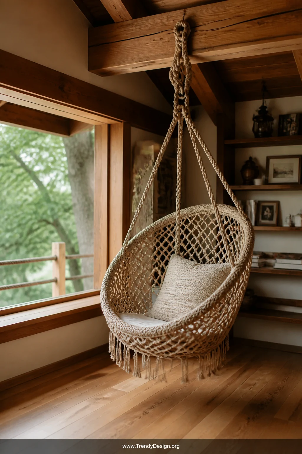 A chunky natural fiber macramé hanging chair suspended from a thick structural cedar beam by knotted rope hardware, swaying g