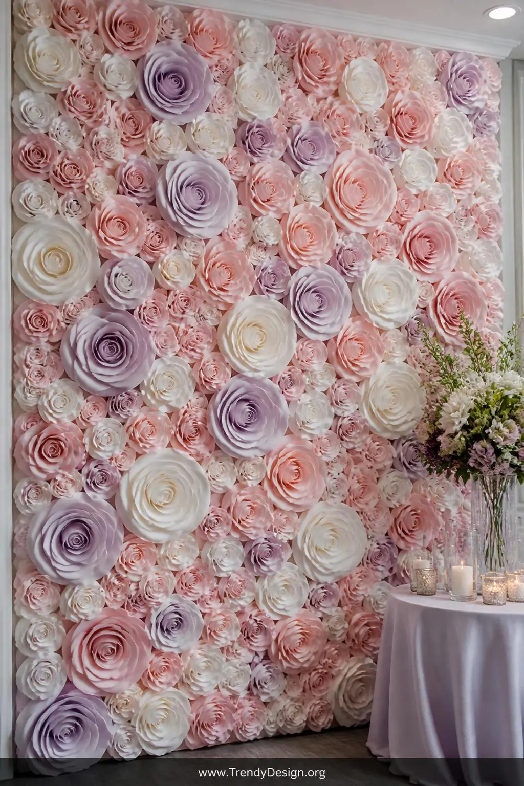 A medium-shot photorealistic interior design scene of a stunning floral rosette statement wall densely covered in handcrafted