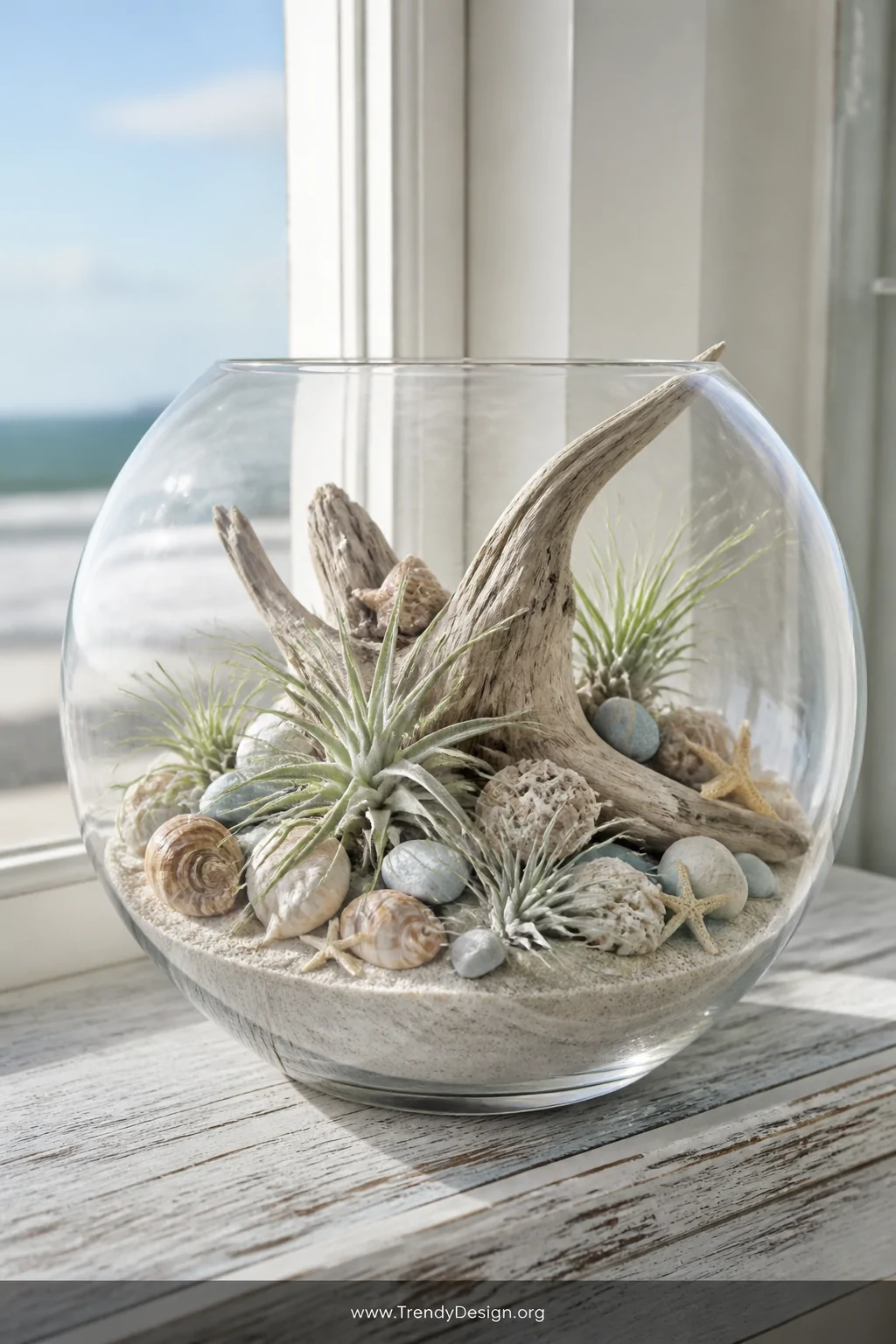 Medium shot of a coastal-styled fish bowl terrarium on a whitewashed wooden windowsill, layered with pale beach sand, scatter