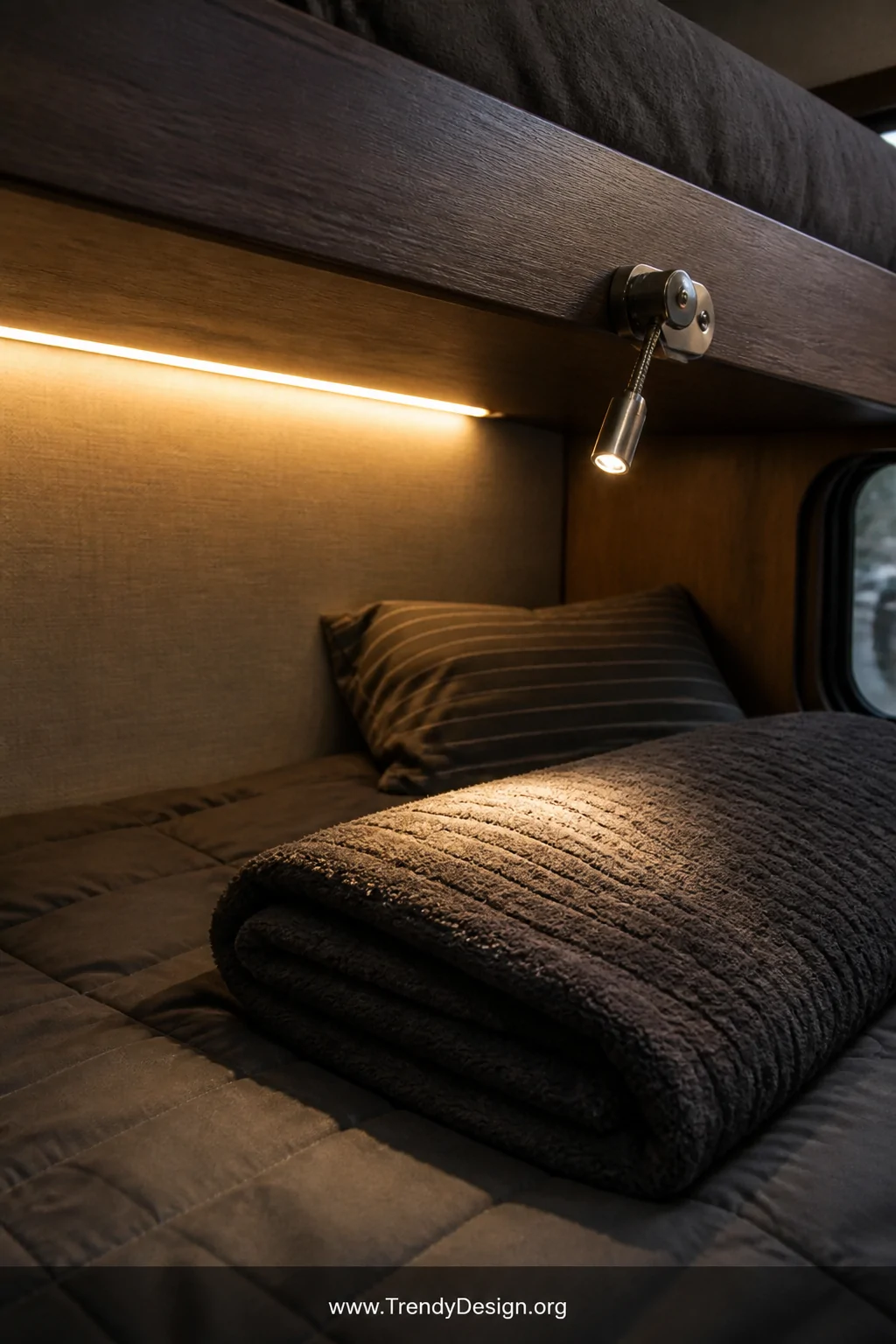 A closeup photorealistic interior detail shot inside an RV bunk sleeping space showing a warm-white LED strip light tucked al
