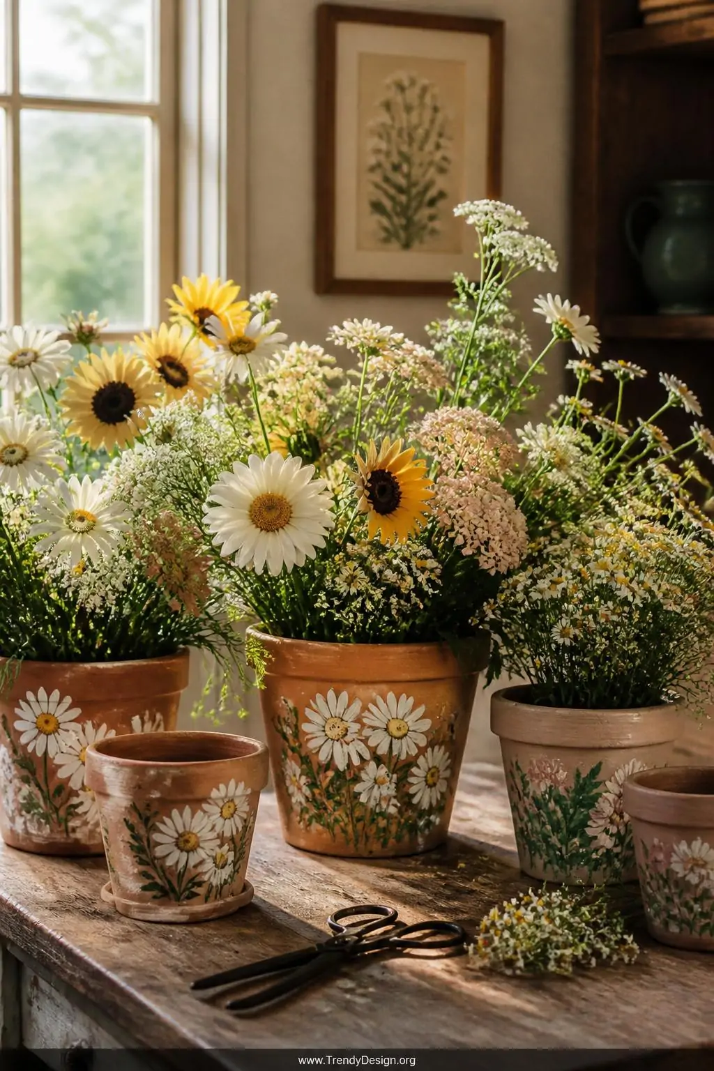 Medium shot of a cottage-style garden table scattered with hand-painted terracotta pots bursting with loose organic daisies, 