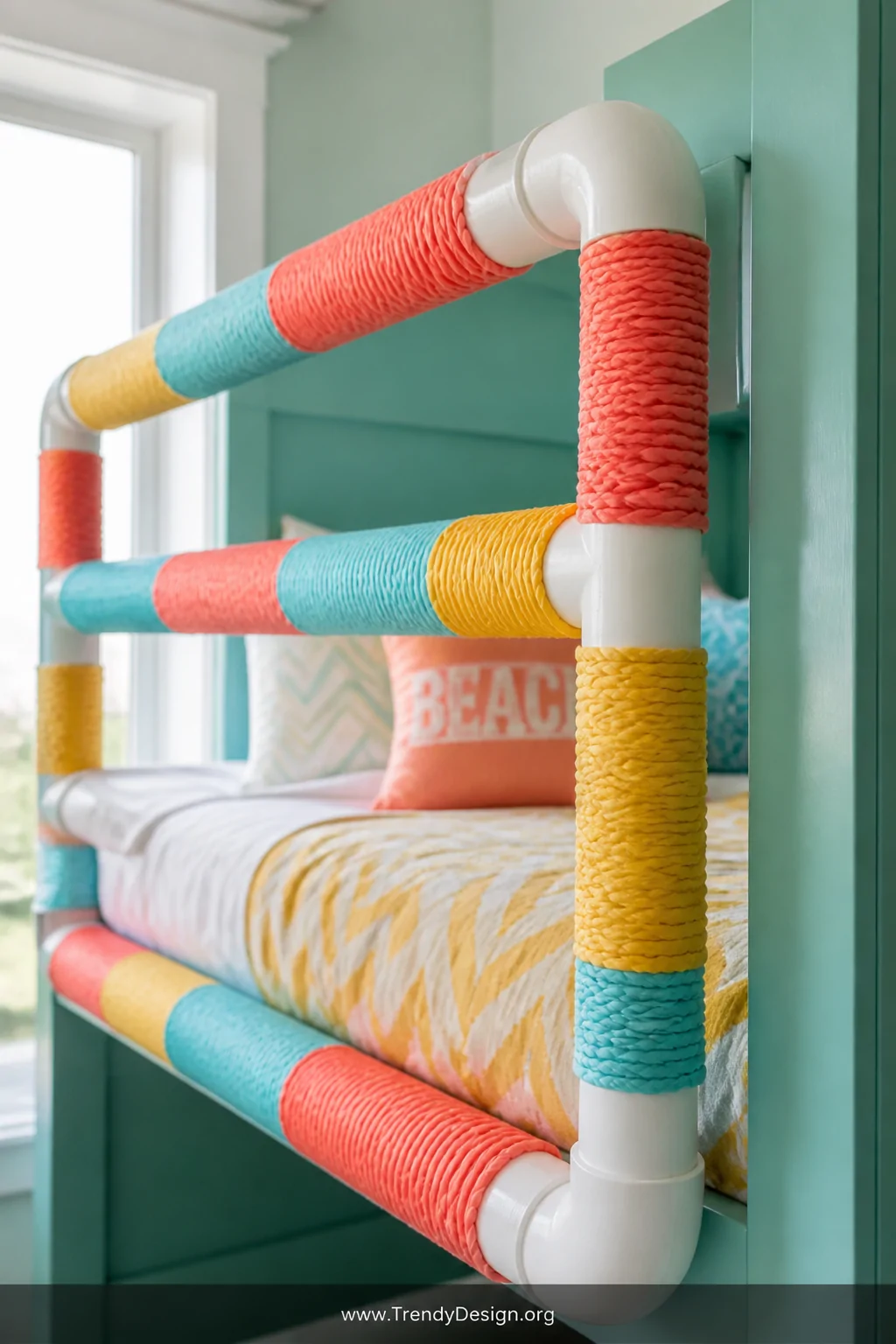 Closeup shot of a bunk bed guard rail built from white PVC pipe frames wrapped in tightly braided rainbow-colored yarn in alt