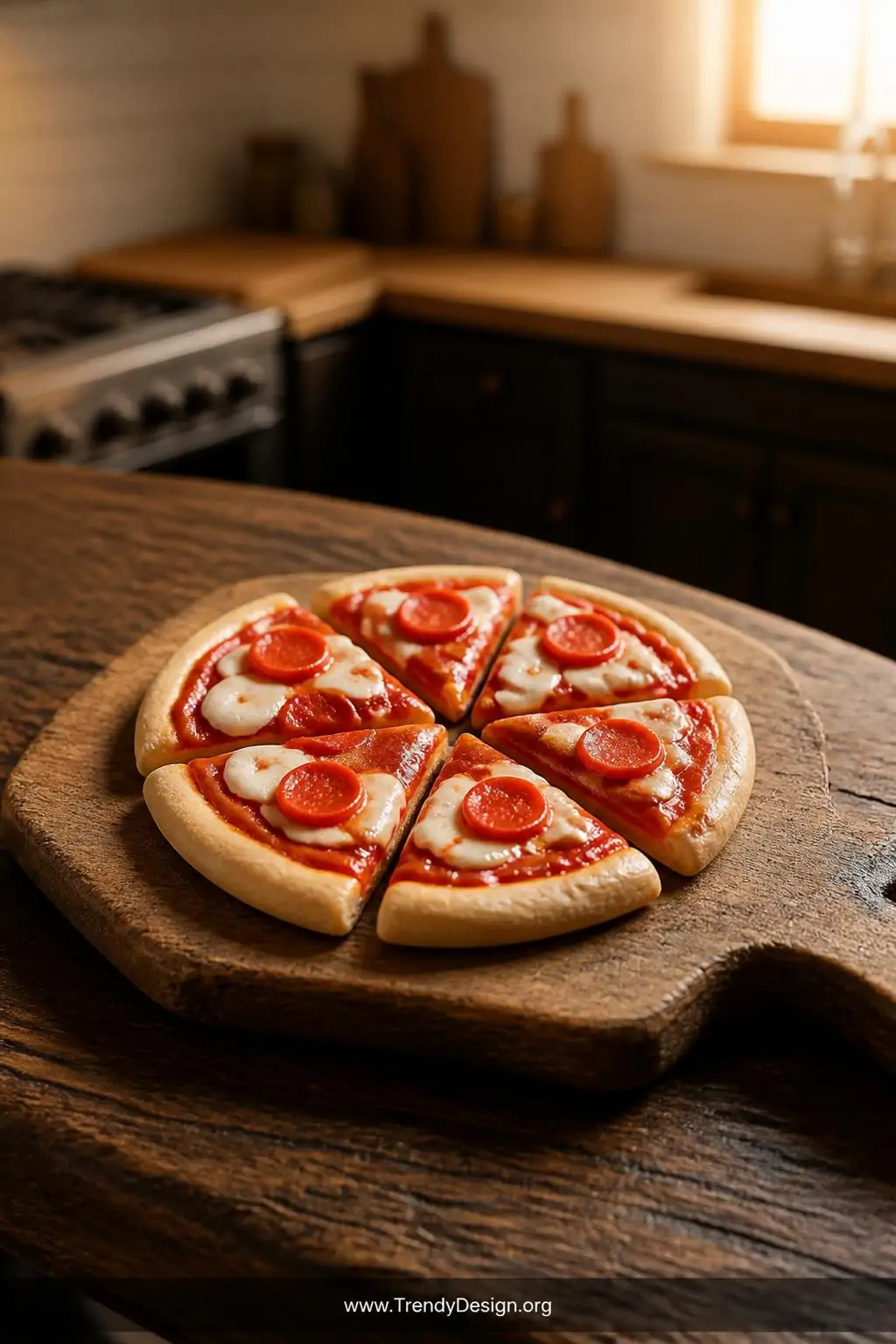 A medium shot of a miniature clay pizza sliced into six wedges on a tiny rustic wooden serving board, the beige crust edge sl