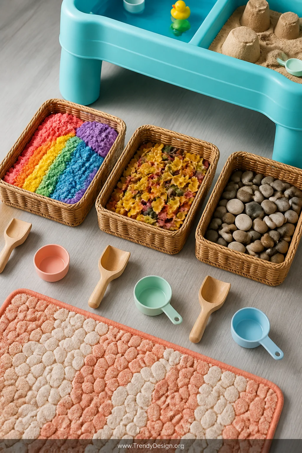 A vibrant toddler sensory play area featuring a turquoise sand and water table on a light gray waterproof vinyl floor, three 
