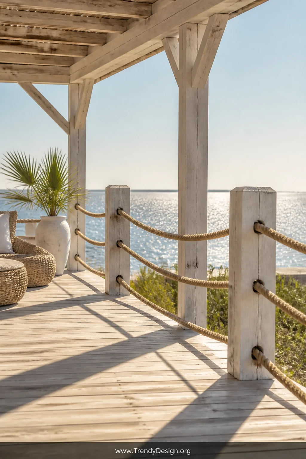 Wide shot of a breezy coastal deck with thick natural manila rope threaded horizontally through weathered white-painted timbe