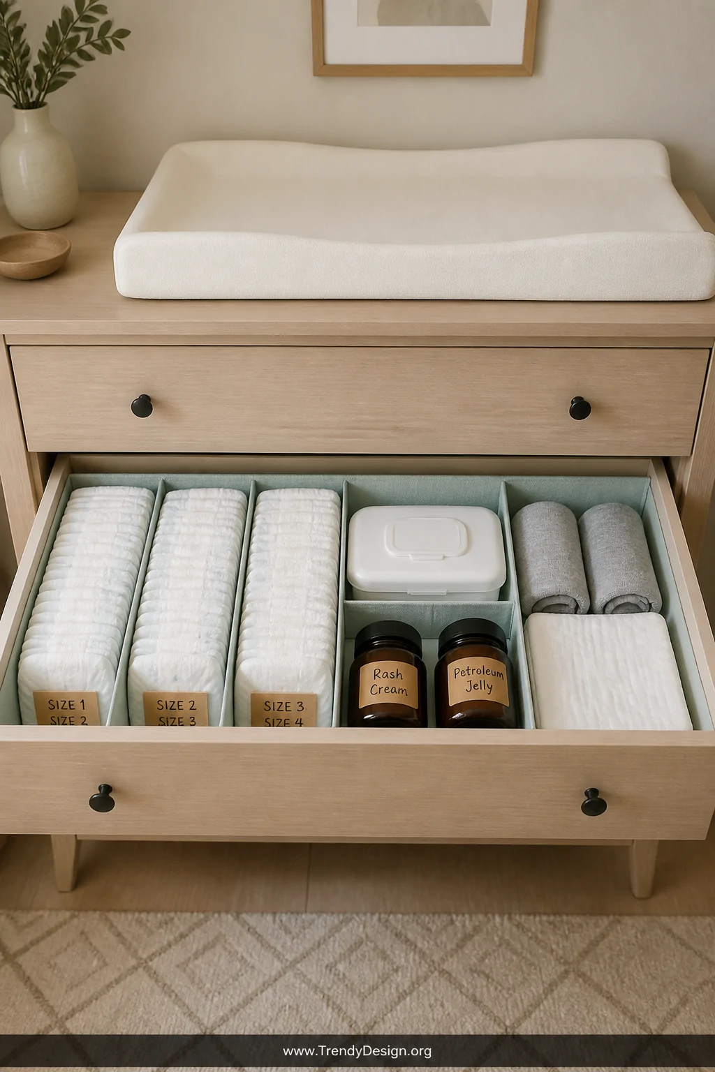 Medium shot of a dedicated diaper changing dresser drawer pulled fully open and viewed from slightly above, revealing a perfe