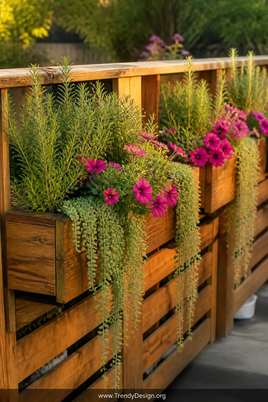 A medium photorealistic shot of a pallet wood railing with built-in planter boxes mounted along the top rail, overflowing wit