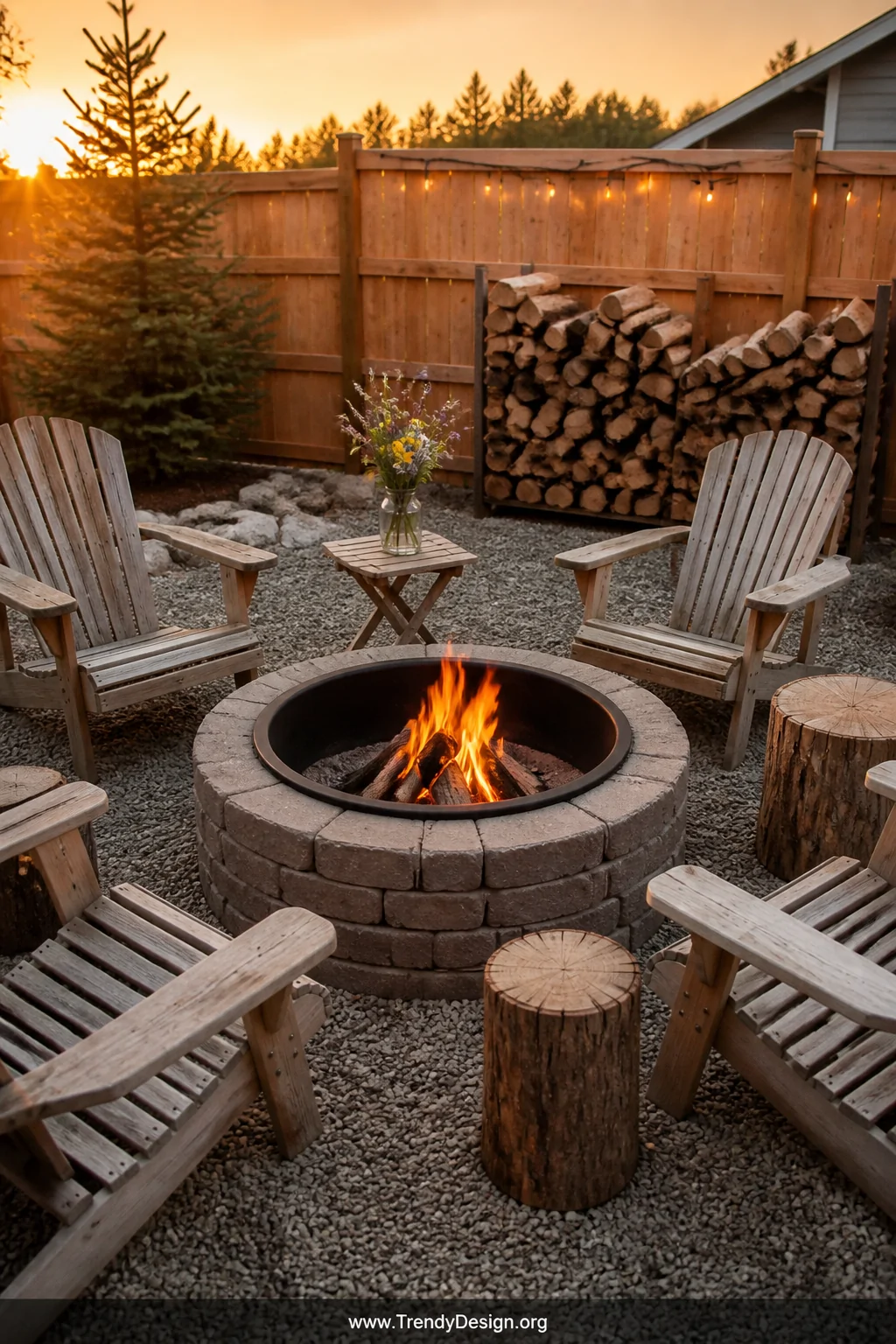 Wide shot of a circular DIY fire pit assembled from stacked retaining wall blocks with a black metal ring liner glowing with 