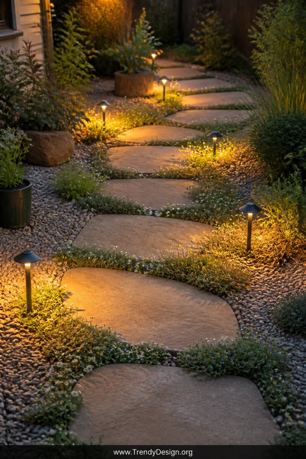 A medium photorealistic shot of a winding stepping stone garden path patio curving through a lush backyard, large flat warm s