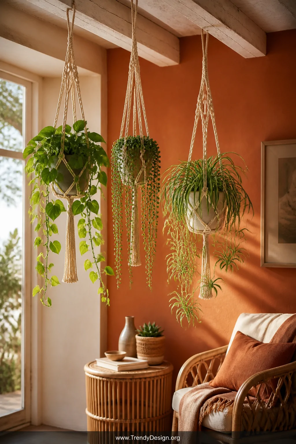 Three macrame-hung planters suspended at varying heights from a whitewashed wood-beam ceiling, overflowing with cascading pot