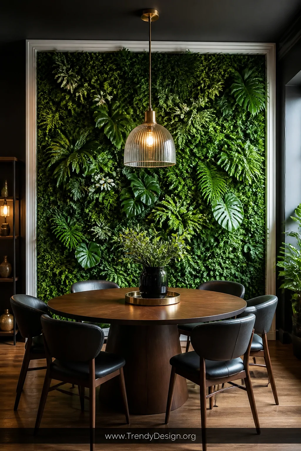Wide shot of a moody dining room featuring a full faux greenery wall panel of mixed boxwood, tropical leaves, and tiny faux w