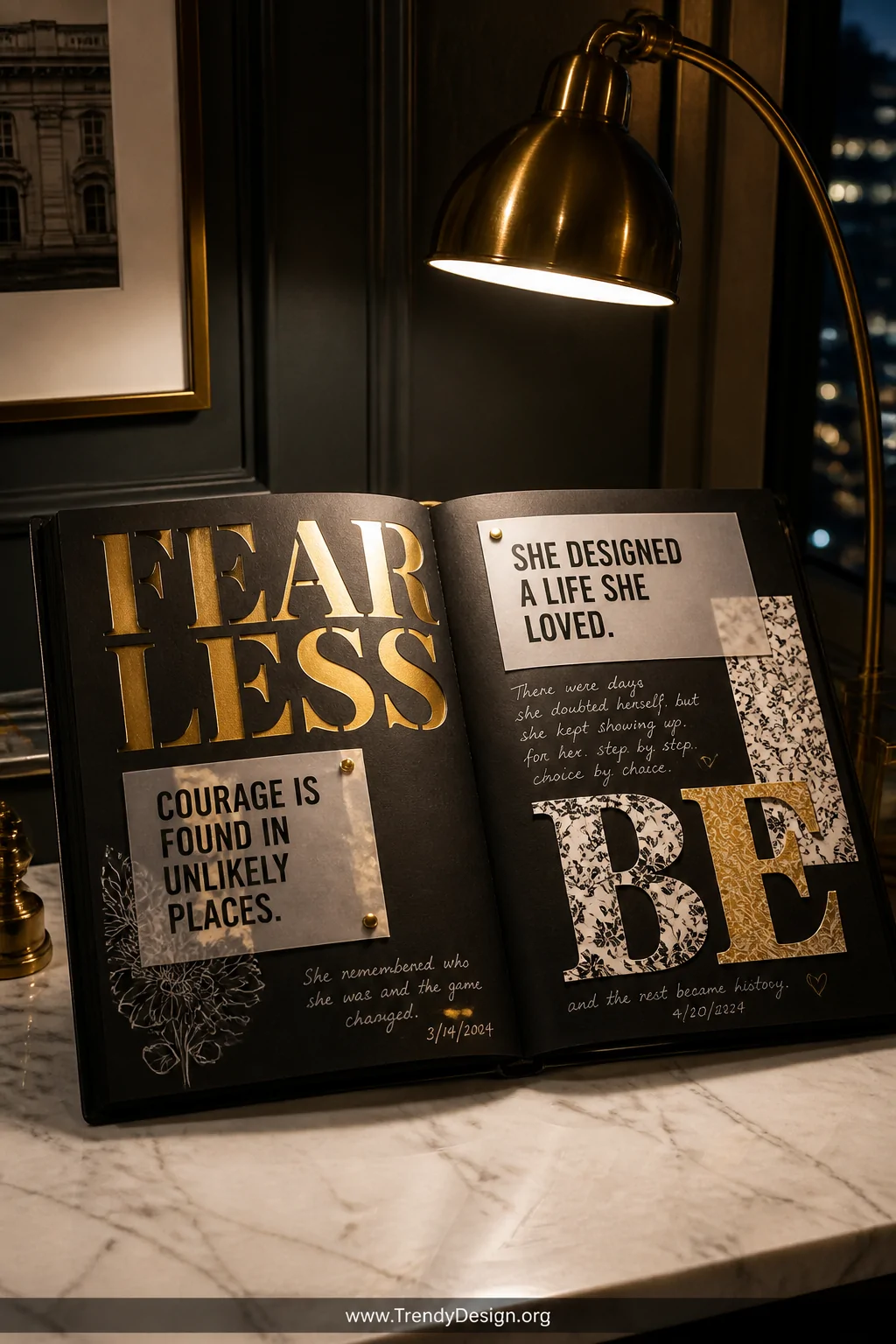 A medium-shot photorealistic interior vignette of an open black scrapbook on a marble desk surface under a focused brass arc 