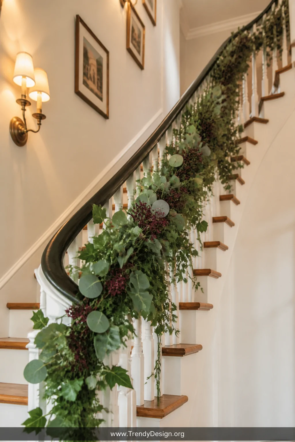 A photorealistic medium shot looking up a curved staircase railing lavishly wrapped in trailing faux eucalyptus and ivy vines