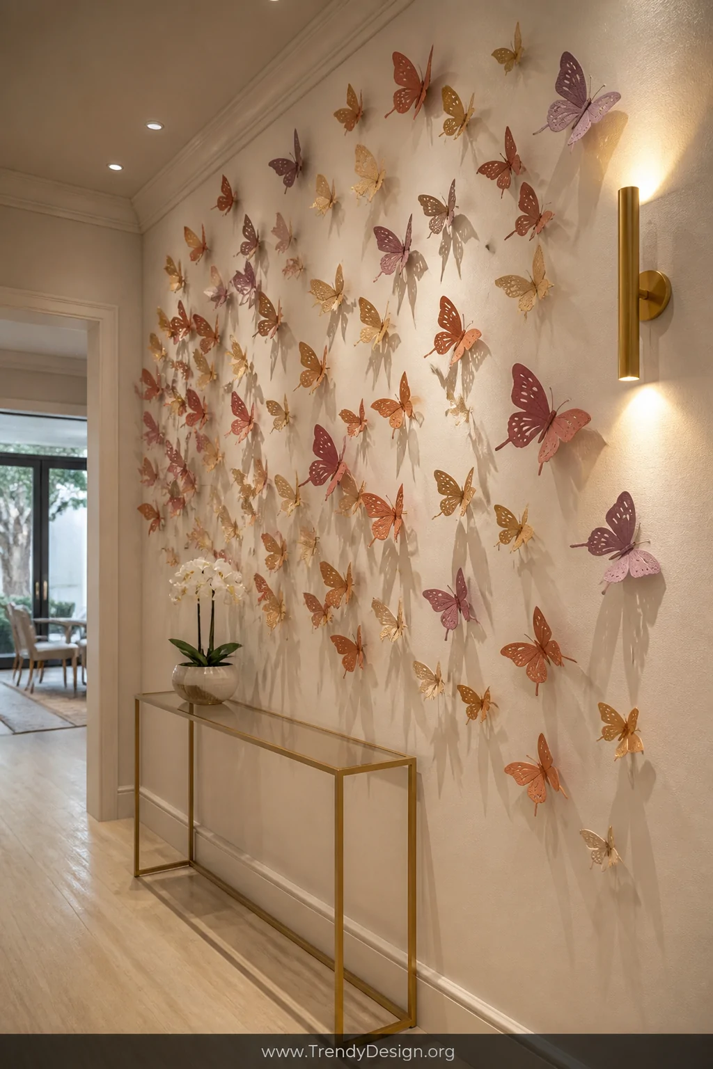 Wide shot of a bright hallway with a dramatic butterfly migration installation covering an entire cream plaster wall, featuri