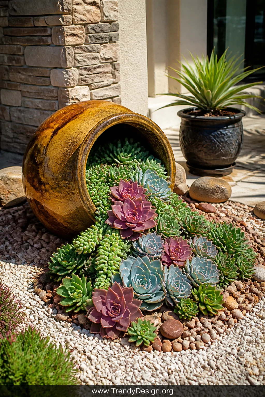 A photorealistic medium shot of a rustic chunky ceramic pot with a warm earthy amber glaze tipped on its side on a sunlit pat