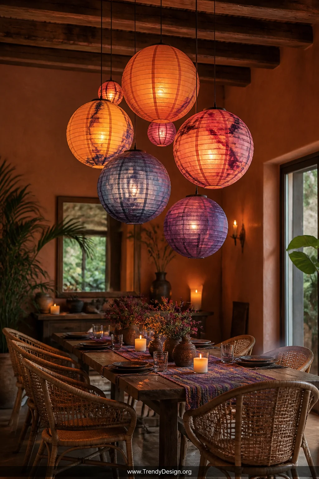 Wide shot of a cozy bohemian dining room with a cluster of hand-colored translucent tissue paper lanterns hanging above a rec
