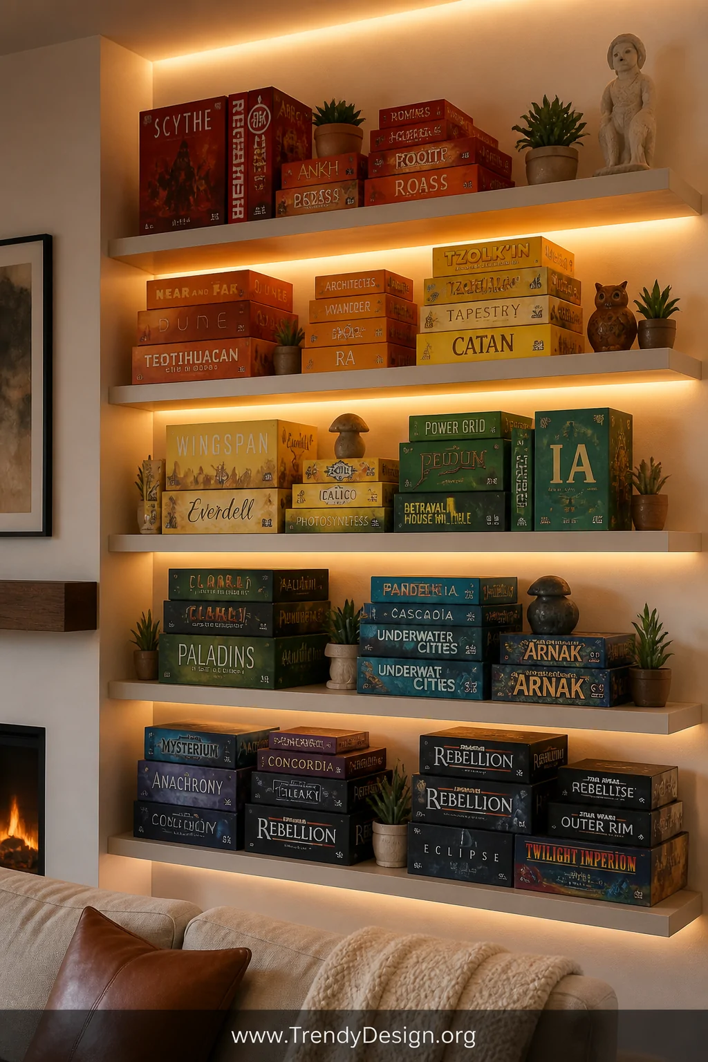 A medium-shot photorealistic interior of a stylish living room shelving display where open wooden floating shelves in pale bi