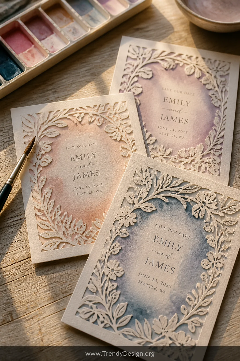 A medium shot on a weathered light oak craft table showcases dreamy watercolor-washed cardstock save-the-date cards in soft b