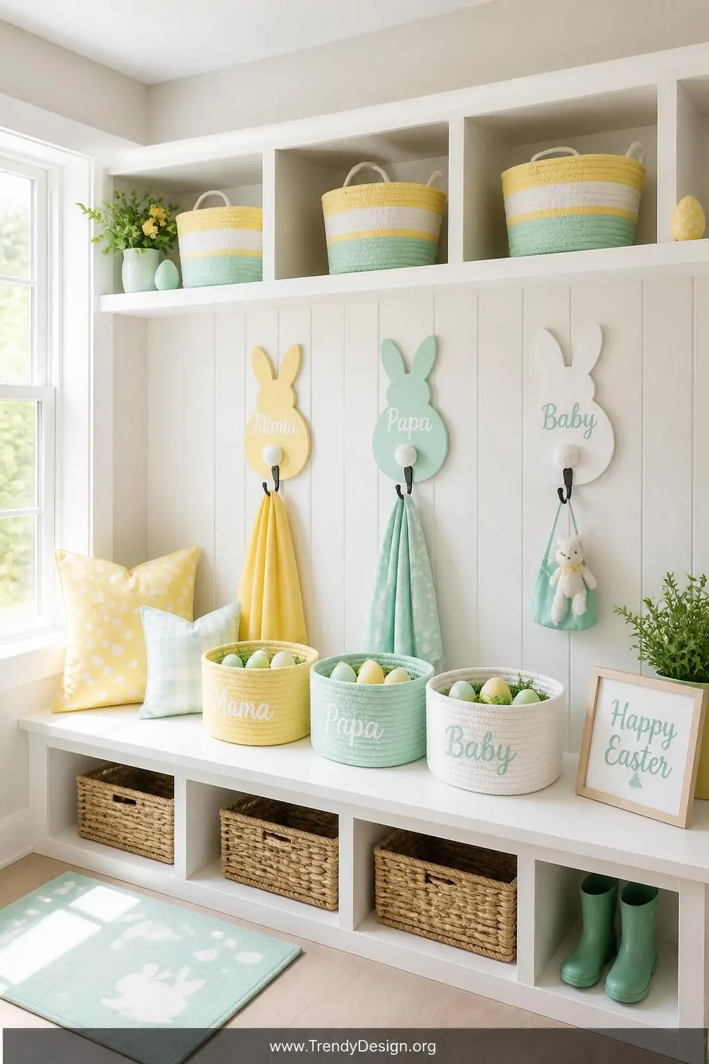 A wide shot of a bright family mudroom with coordinated Easter decorations in three consistent colors   soft yellow, mint, an