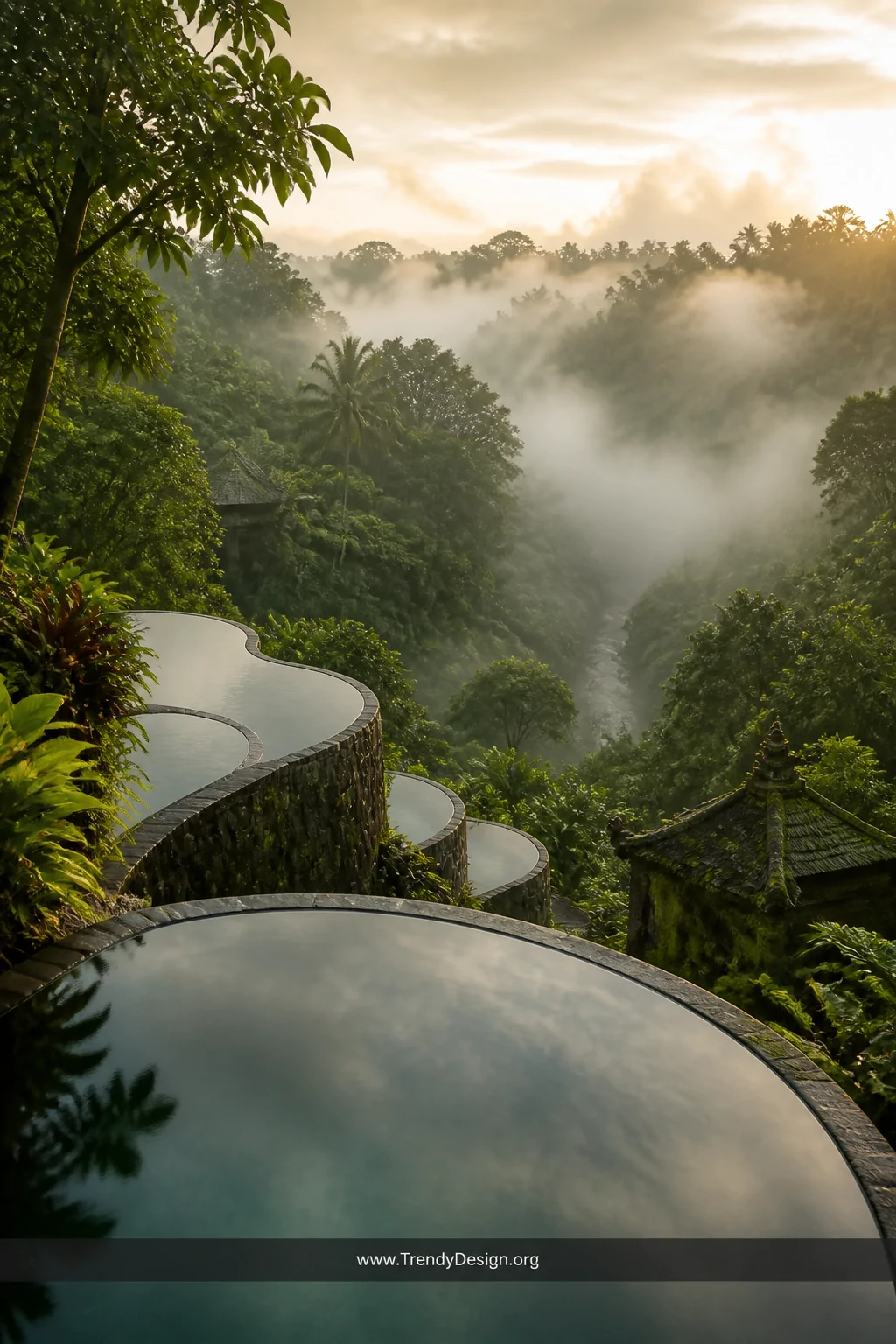 Photorealistic medium shot looking outward from Ubud Hanging Gardens' tiered infinity pool at dawn, thick river mist rolling 