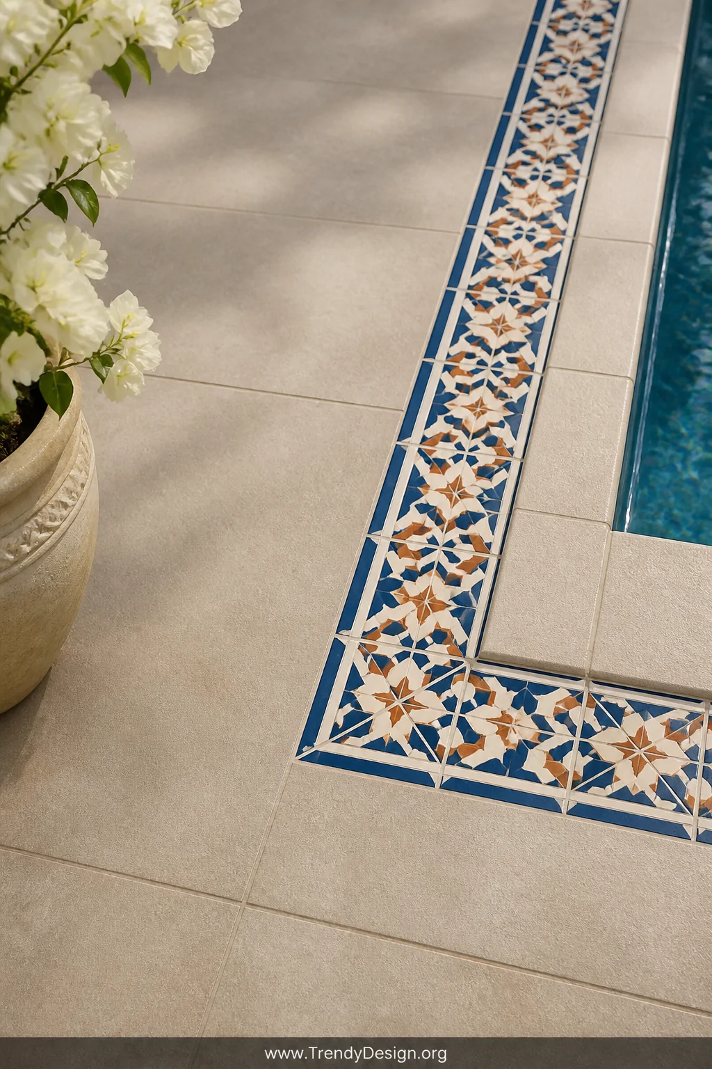 Closeup photorealistic shot of large-format 24x24 matte porcelain tiles in warm greige surrounding a pool edge, a bold hand-p