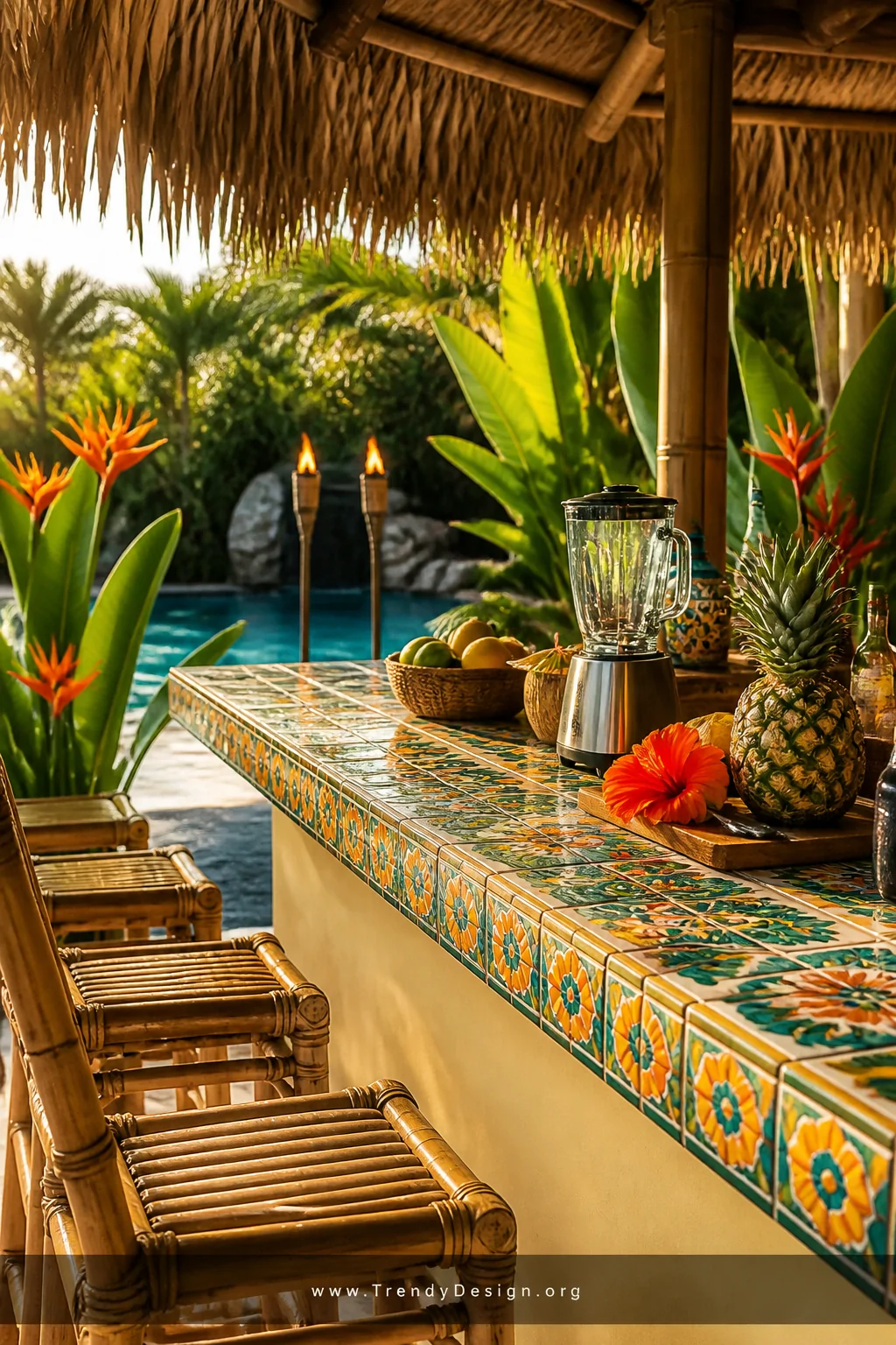 Closeup photorealistic interior design shot of a vibrant tiki-inspired outdoor pool kitchen bar counter surfaced in bold colo