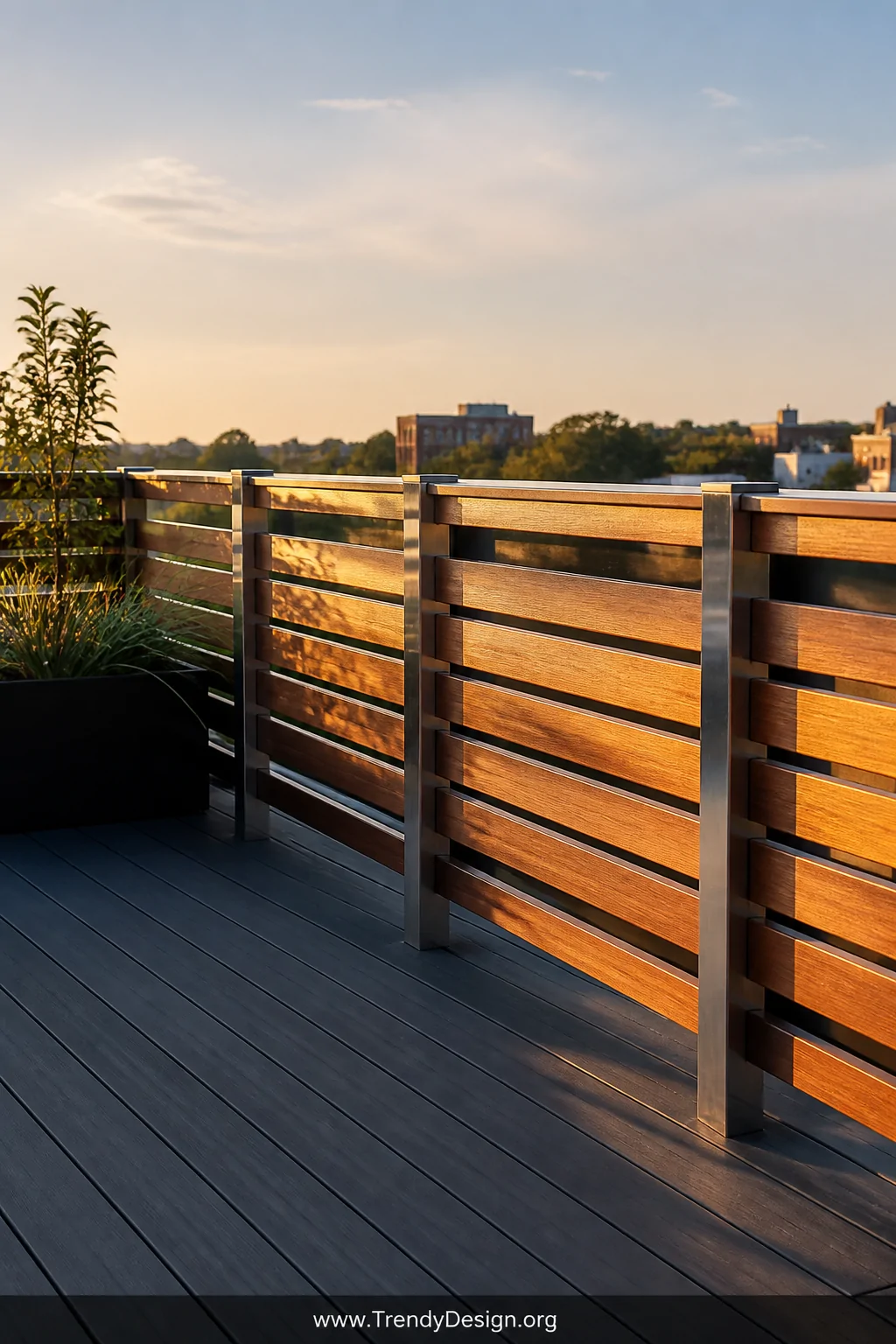 Medium photorealistic shot of a flat rooftop deck showcasing a wood-and-metal combo railing with brushed steel vertical posts