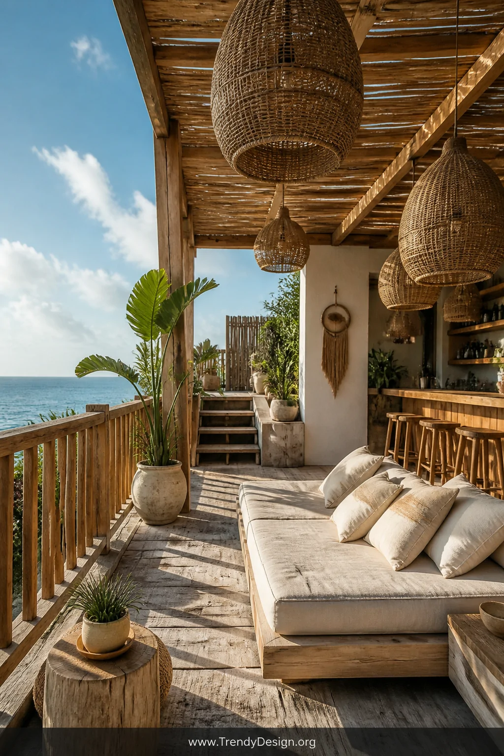 Medium photorealistic shot of a coastal bohemian rooftop featuring rich golden teak wood railings with vertical balusters, a 