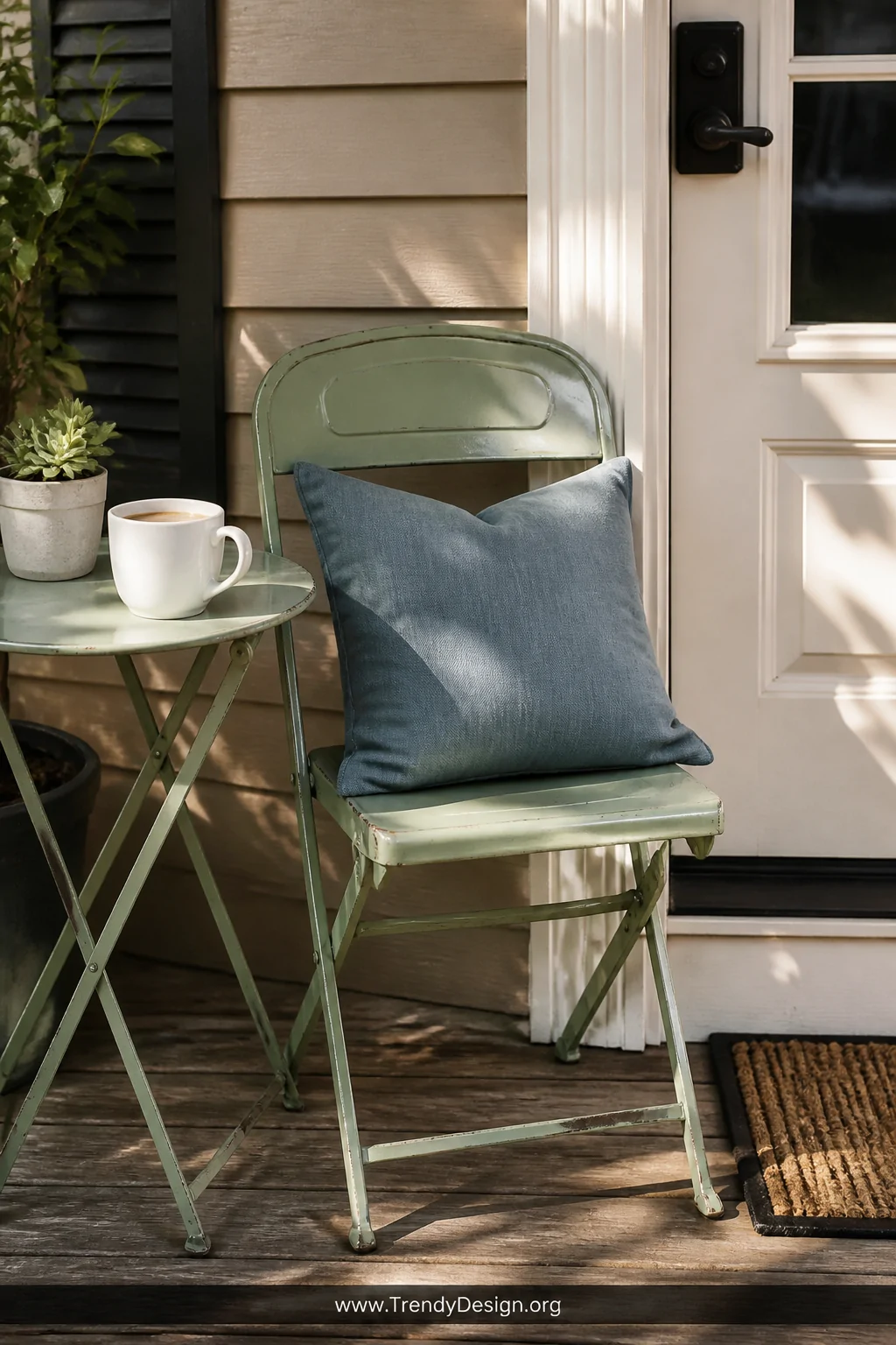 A cozy medium closeup of a single vintage metal bistro chair spray-painted in matte sage green tucked beside a cream-colored 