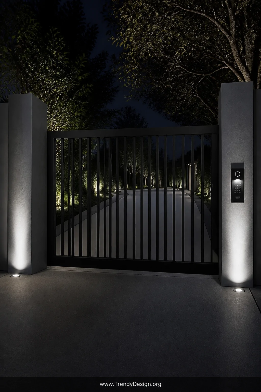 A wide nighttime shot of a sleek black aluminum sliding automatic gate with integrated keypad panel and illuminated intercom 