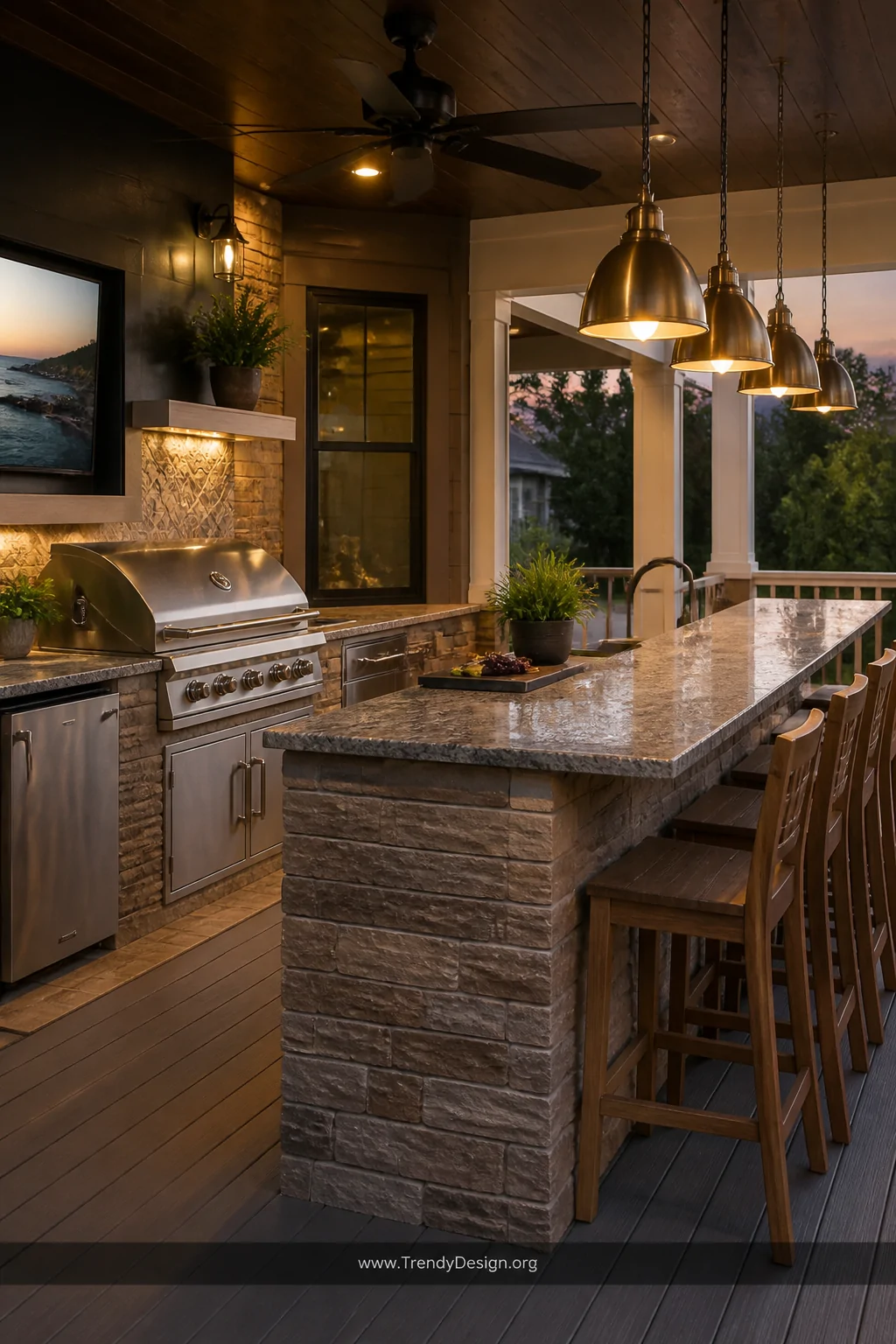 A medium photorealistic shot focused on a built-in outdoor kitchen entertainment porch with stone countertops, stainless stee
