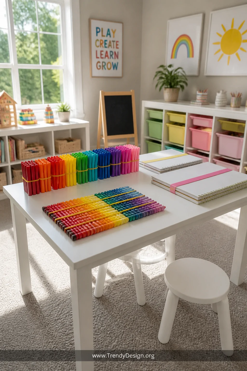 A bright children's playroom art station photographed wide, featuring a white IKEA-style table with colorful markers bundled 