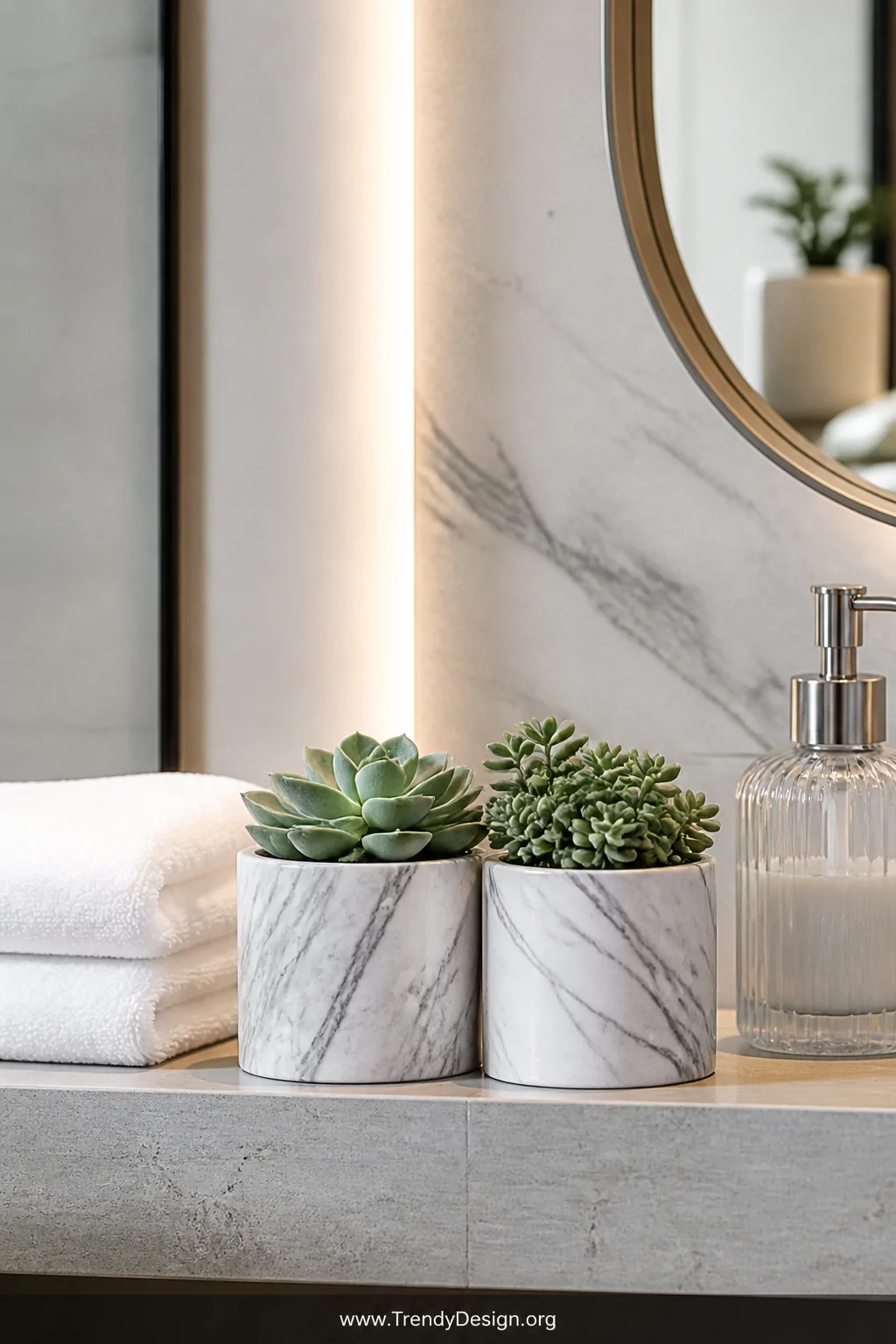 A medium shot of a serene bathroom shelf styled with two marble-effect ceramic pots displaying elegant grey and white veining