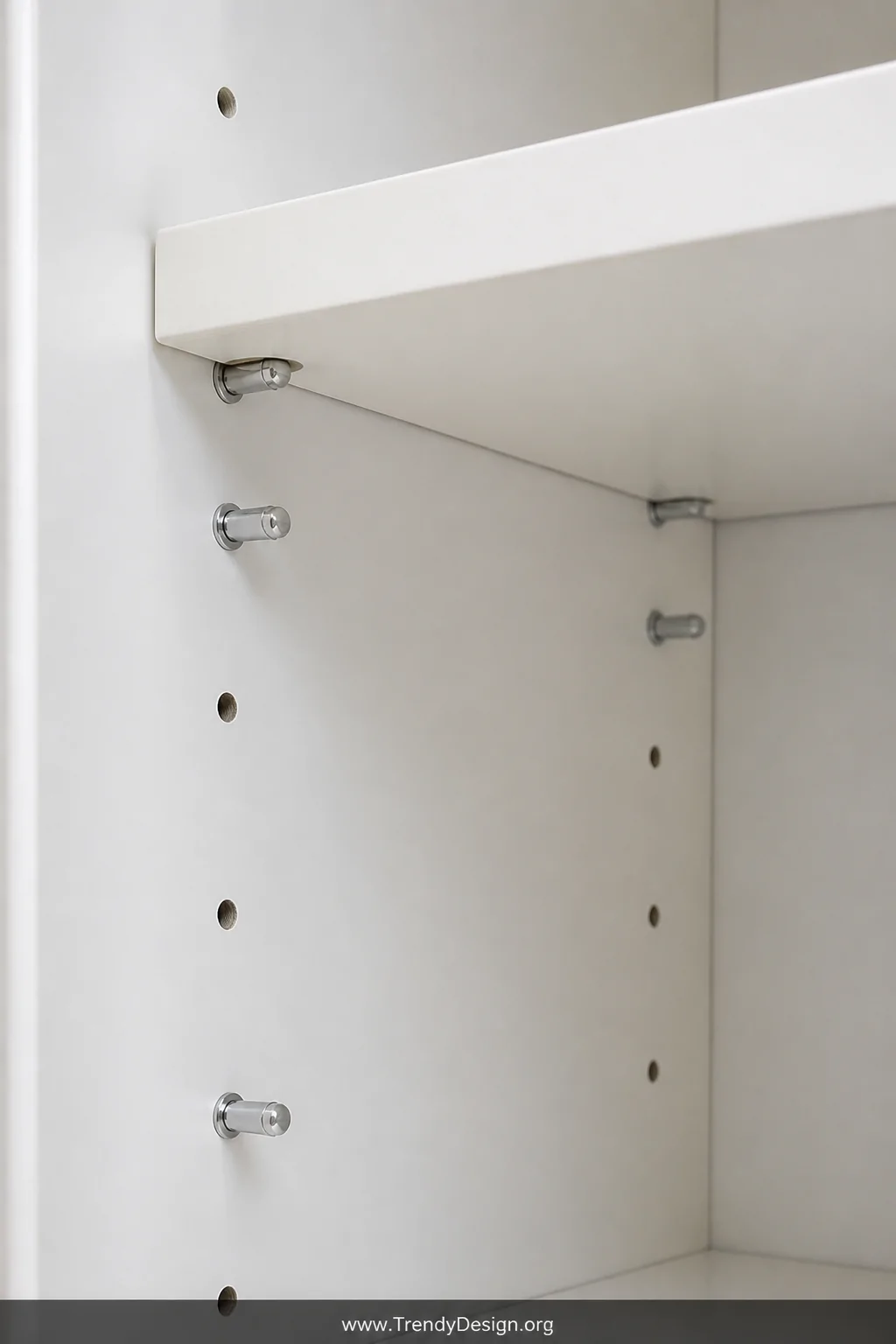 Extreme close-up of the interior side panel of a white painted cabinet pantry showing a row of precisely drilled holes fitted