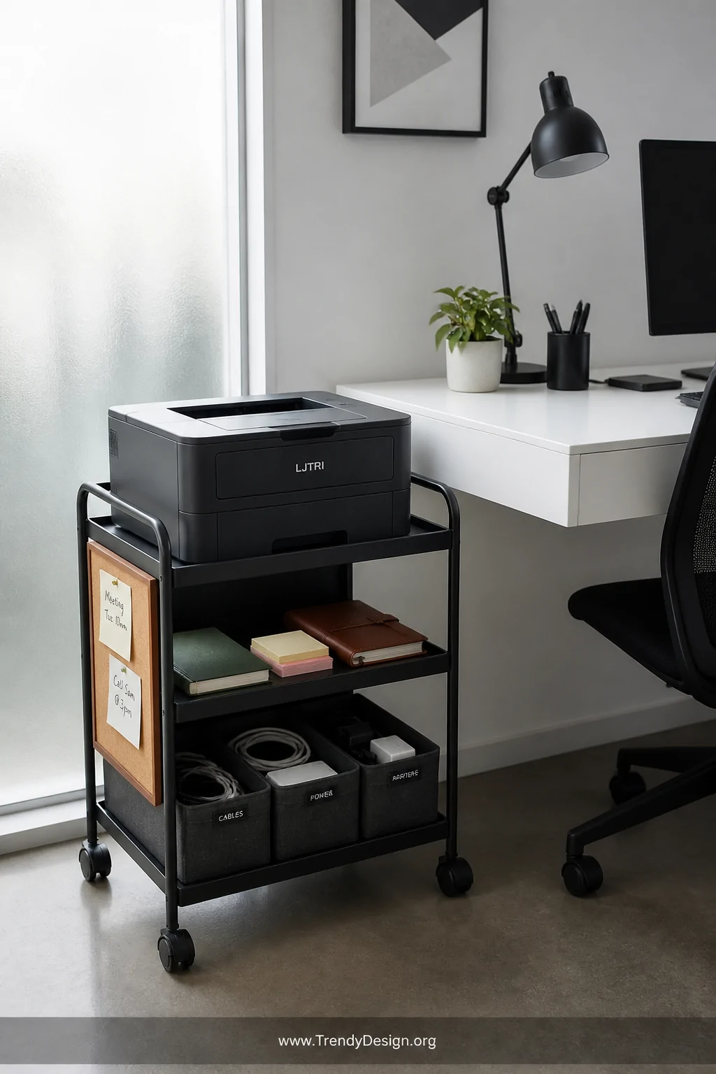 Wide shot of a clean minimal home office featuring a matte black industrial rolling cart parked flush beside a white floating