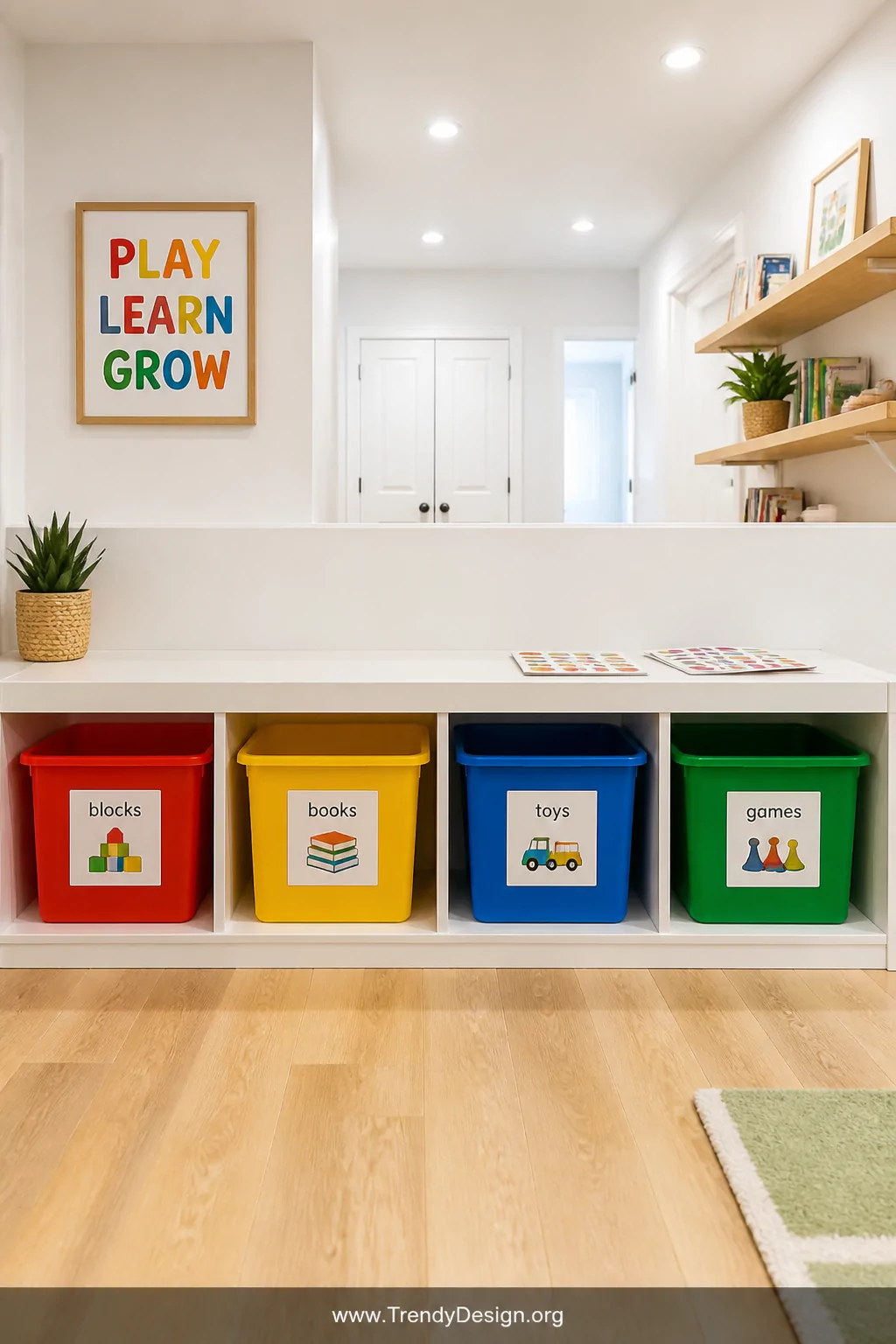 Wide shot of a low playroom shelf holding four bold primary-colored plastic bins in red, yellow, blue, and green at child hei