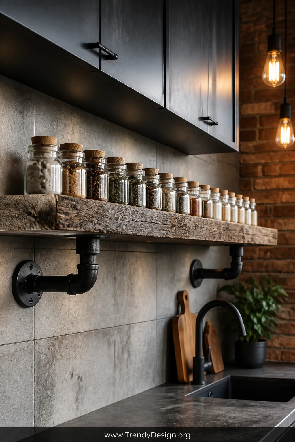 A wide-shot photorealistic interior design image of an industrial-modern kitchen with exposed brick accents and Edison bulb p
