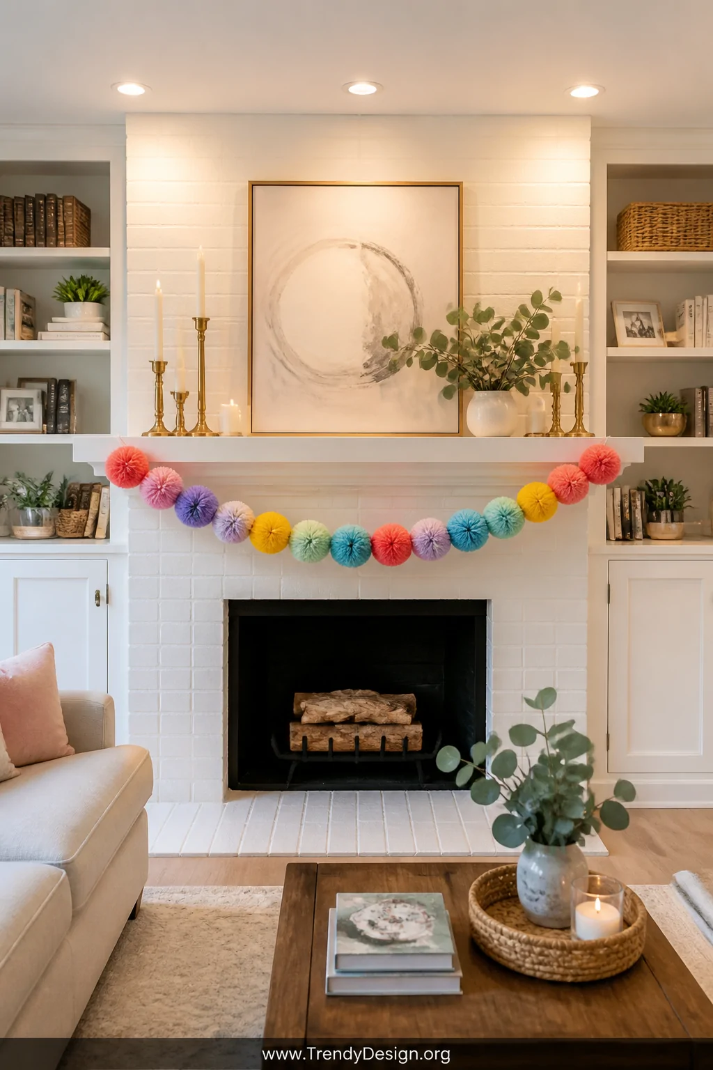 A vibrant rainbow pom-pom garland in coral, violet, sunflower yellow, mint, and sky blue draped across a white painted brick 