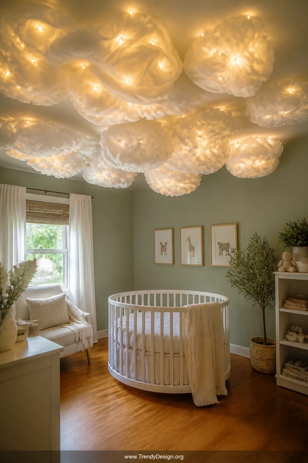 A wide shot of a softly lit nursery with pastel sage walls and a white round crib, the ceiling transformed by a dreamy floati