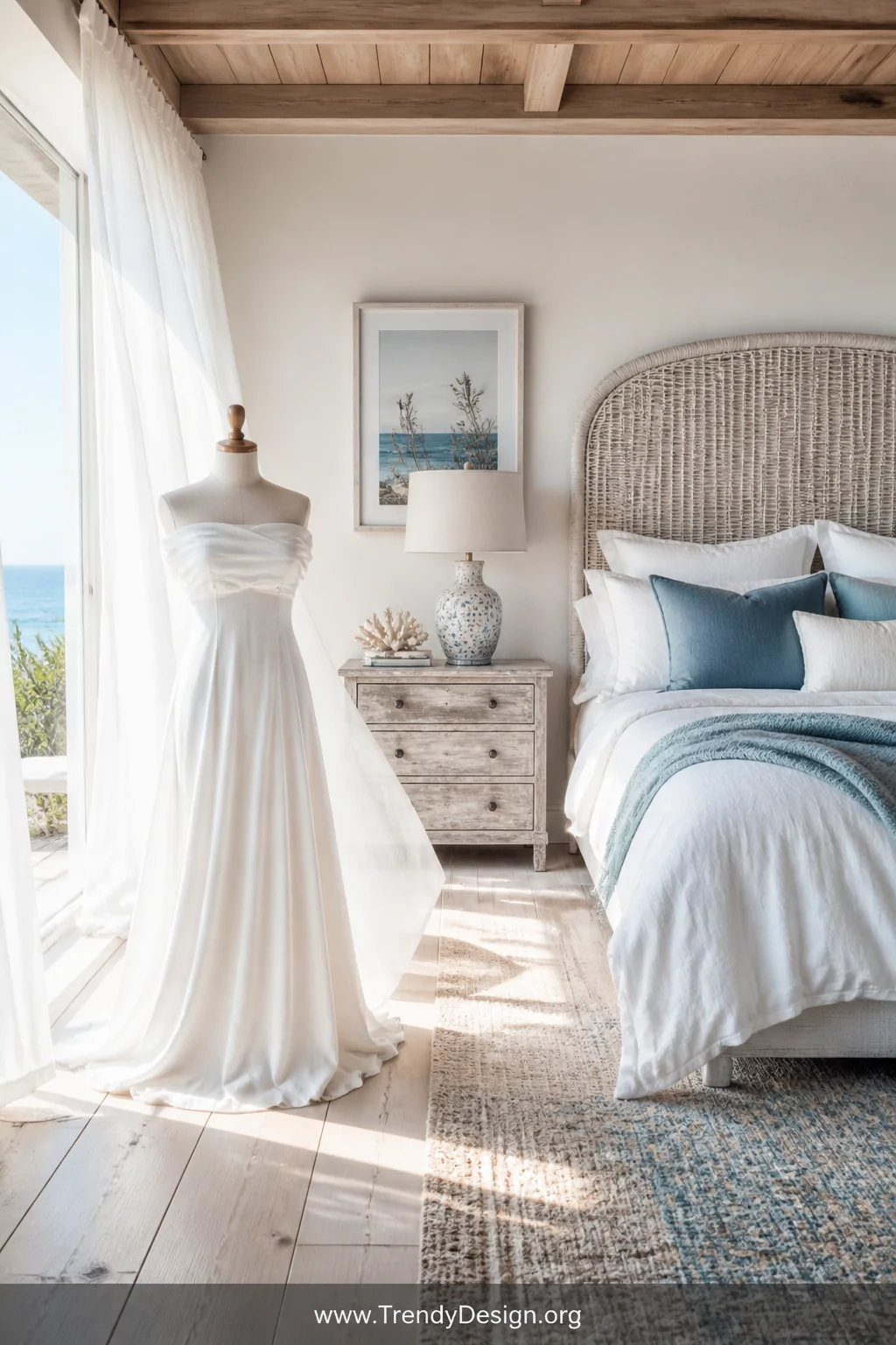 A breezy coastal bedroom with sheer white voile curtains billowing softly in natural light beside a whitewashed rattan headbo