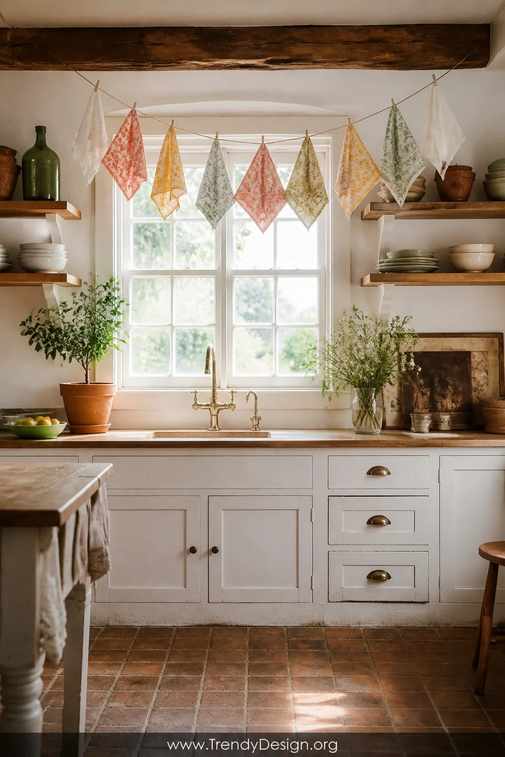 A sunlit cottage kitchen with a whimsical handkerchief garland strung above a white-painted window, triangular folded handker
