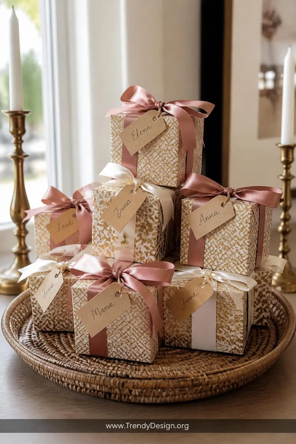 Medium shot of a styled gift table displaying neatly stacked handmade cube-shaped favor boxes folded from patterned cardstock