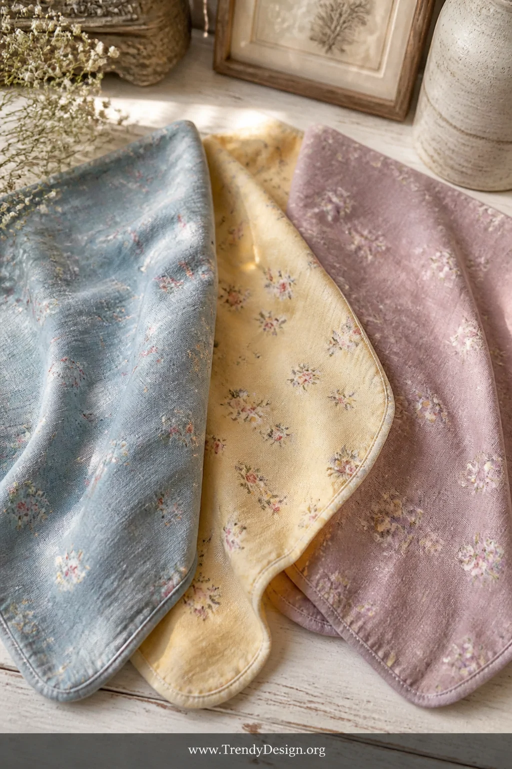 A medium detail shot of three mismatched vintage floral flour sack burp cloths in faded blue, pale yellow, and dusty mauve la